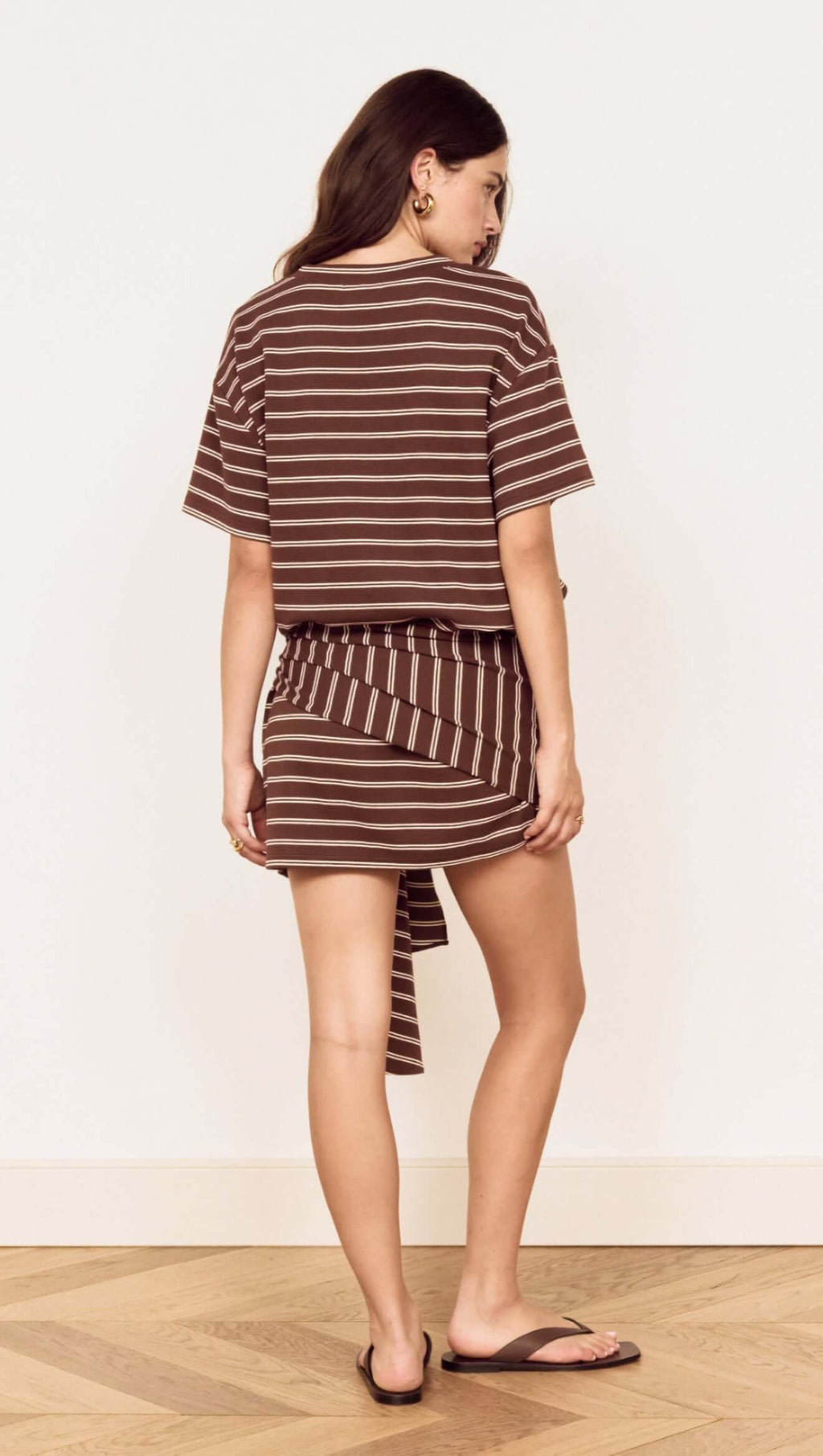 Minkpink Striped Tie Waist Jersey Mini Dress in Chocolate Stripe