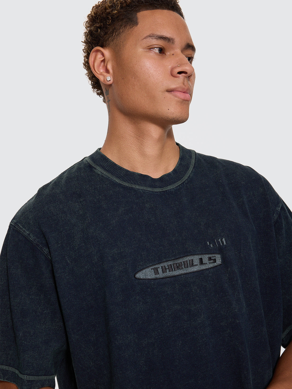 Thrills Co Filtered Embro Oversize Box Crop Tee - Overdye Petrol in Overdye Petrol