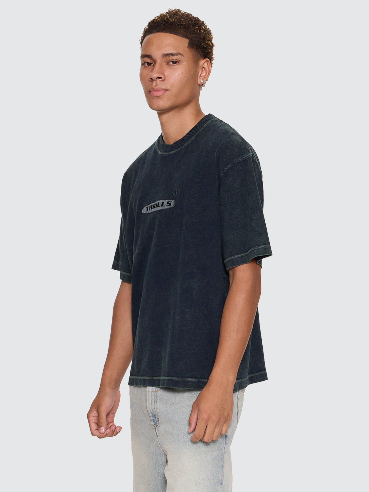 Thrills Co Filtered Embro Oversize Box Crop Tee - Overdye Petrol in Overdye Petrol