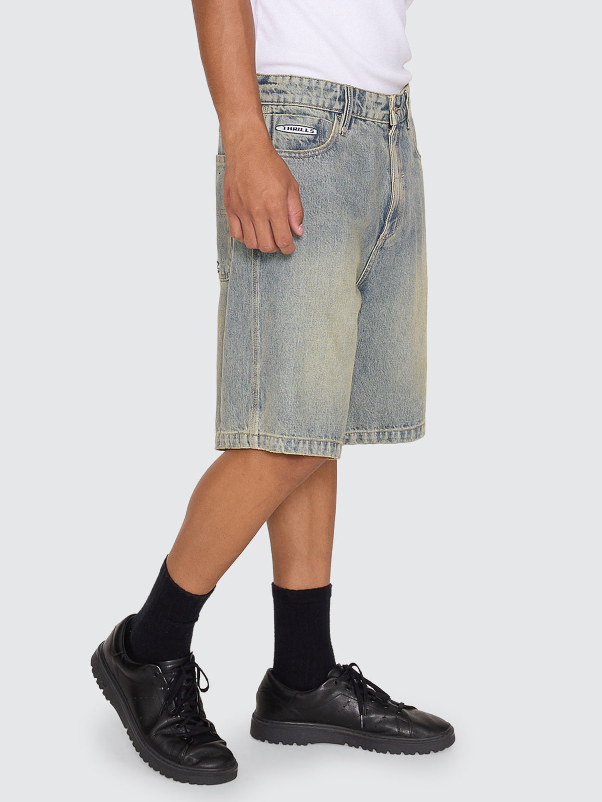 Thrills Co Filtered Mid Slacker Relaxed Long Denim Short - Granite Green Tint in Granite Green Tint