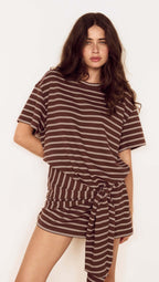 Minkpink Striped Tie Waist Jersey Mini Dress in Chocolate Stripe