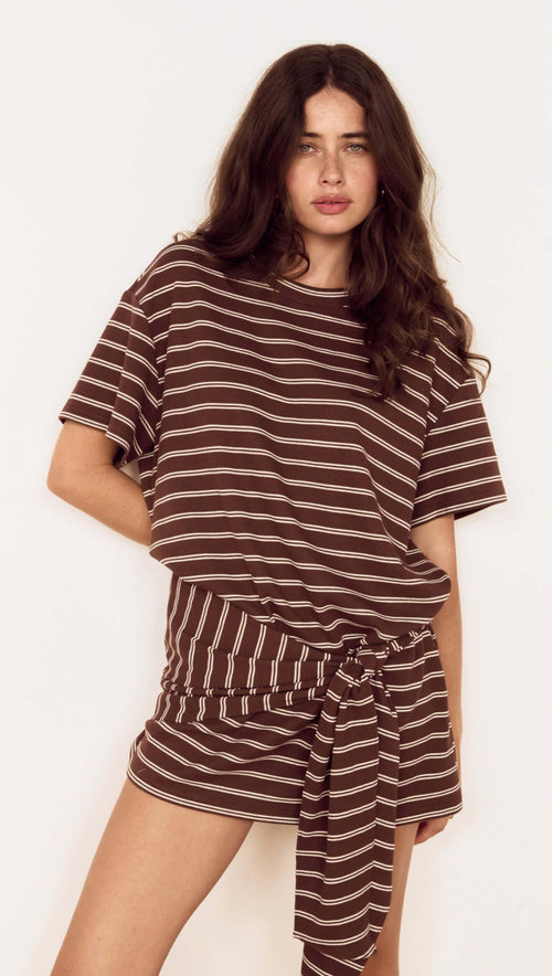 Minkpink Striped Tie Waist Jersey Mini Dress in Chocolate Stripe