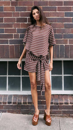 Minkpink Striped Tie Waist Jersey Mini Dress in Chocolate Stripe