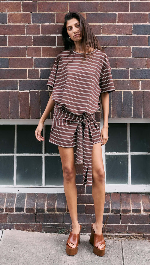 Minkpink Striped Tie Waist Jersey Mini Dress in Chocolate Stripe