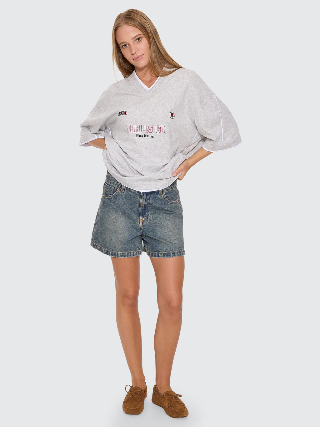 Thrills Co Tournament Of Roses V Neck Oversized Tee - Snow Marle in Snow Marle