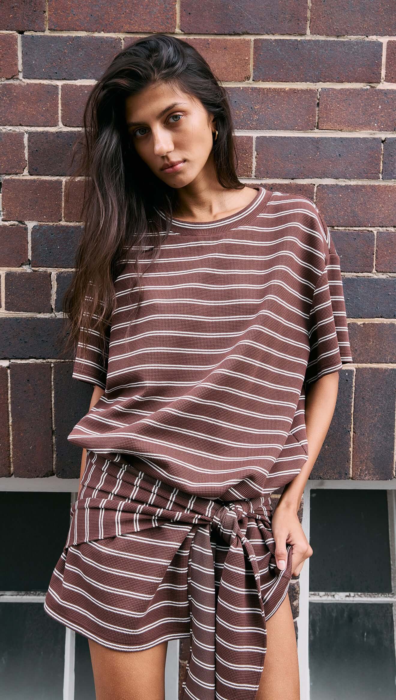 Minkpink Striped Tie Waist Jersey Mini Dress in Chocolate Stripe