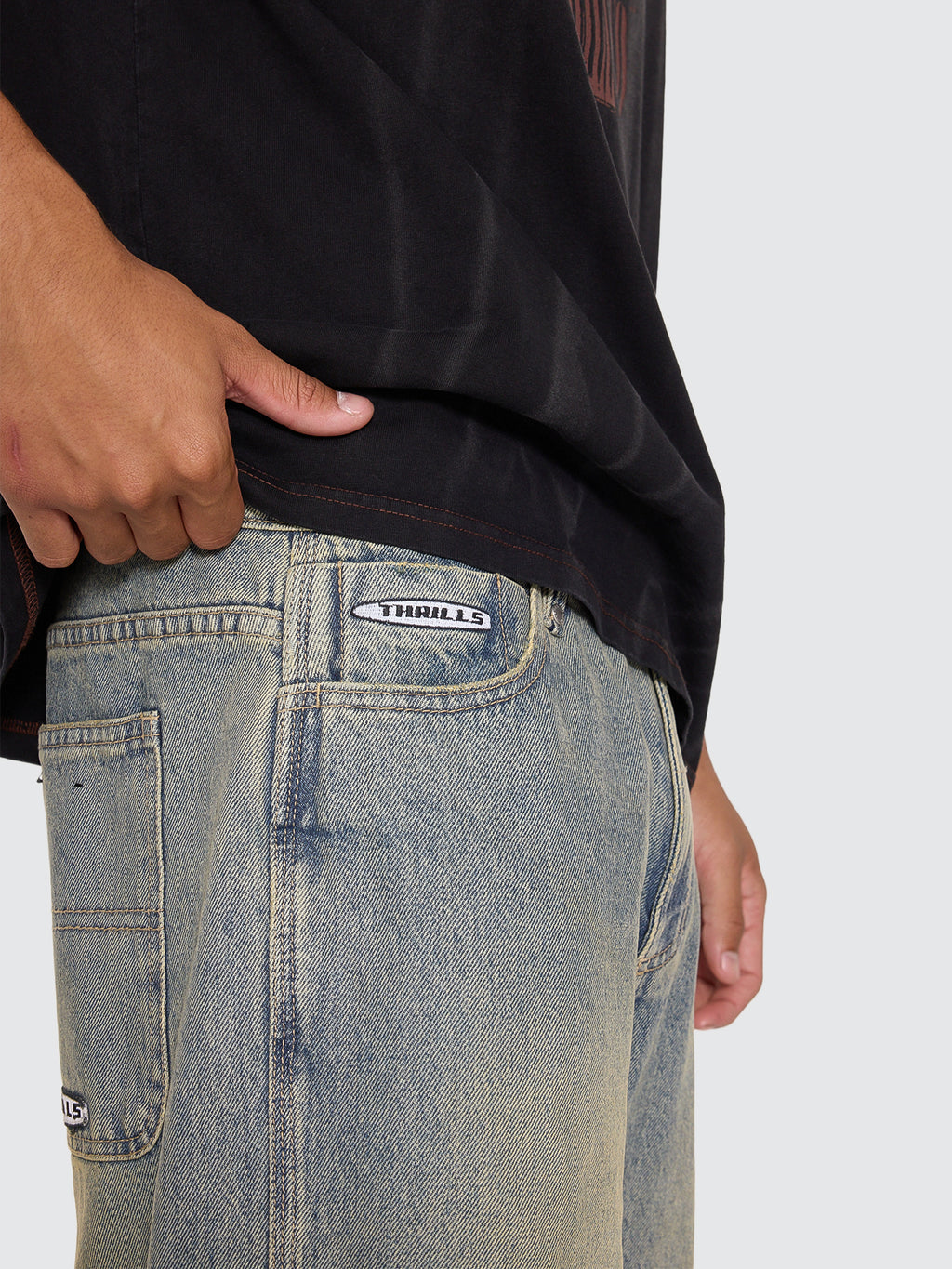 Thrills Co Filtered Mid Slacker Relaxed Long Denim Short - Granite Green Tint in Granite Green Tint