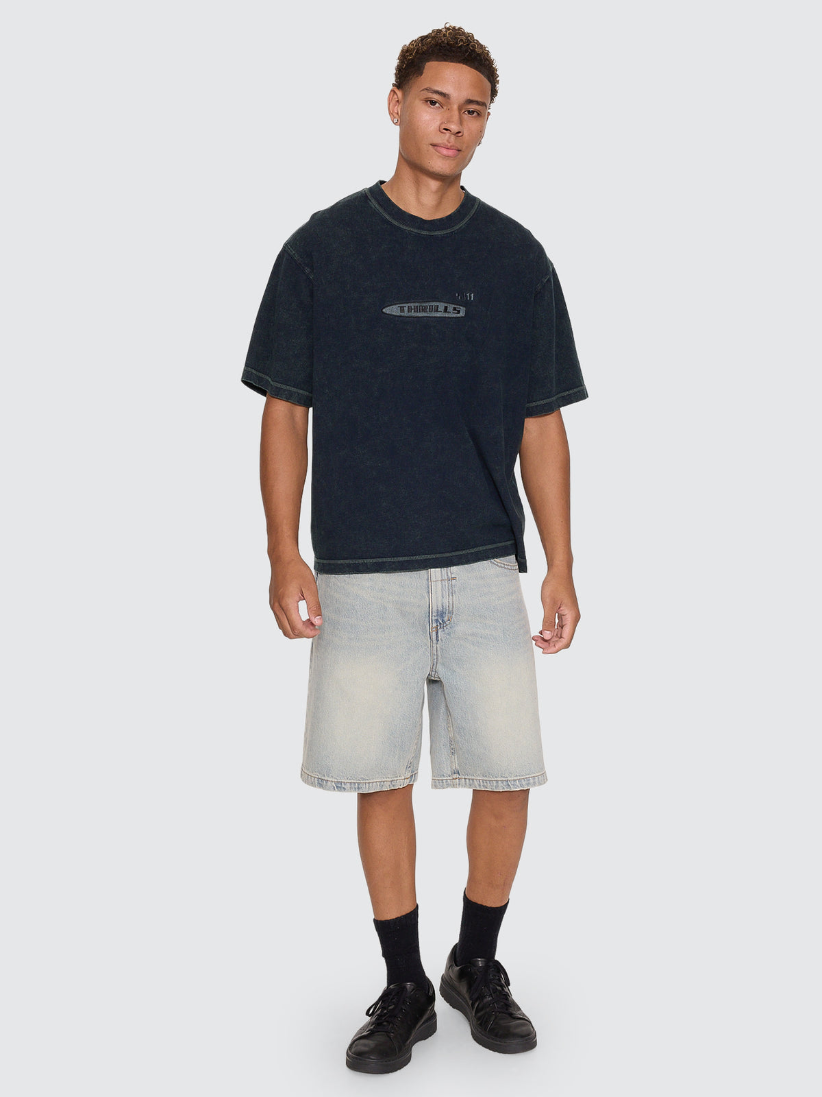 Thrills Co Filtered Embro Oversize Box Crop Tee - Overdye Petrol in Overdye Petrol