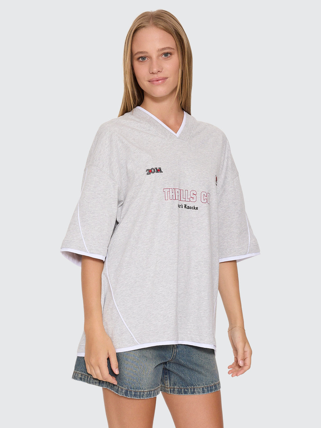 Thrills Co Tournament Of Roses V Neck Oversized Tee - Snow Marle in Snow Marle
