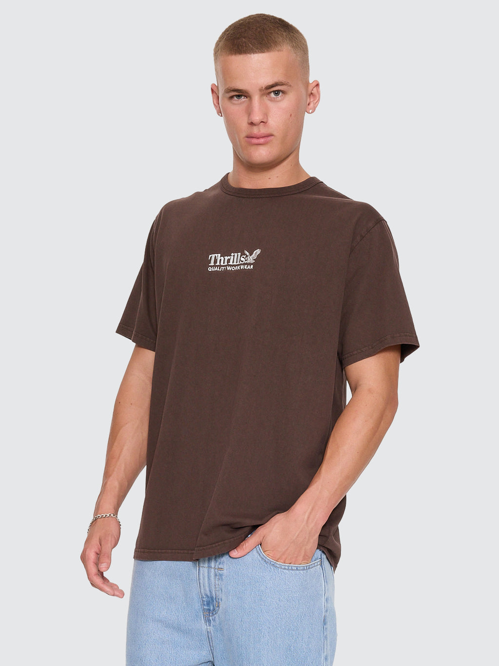 Thrills Co Thrills Workwear Embro Merch Tee - Postal Brown in Postal Brown