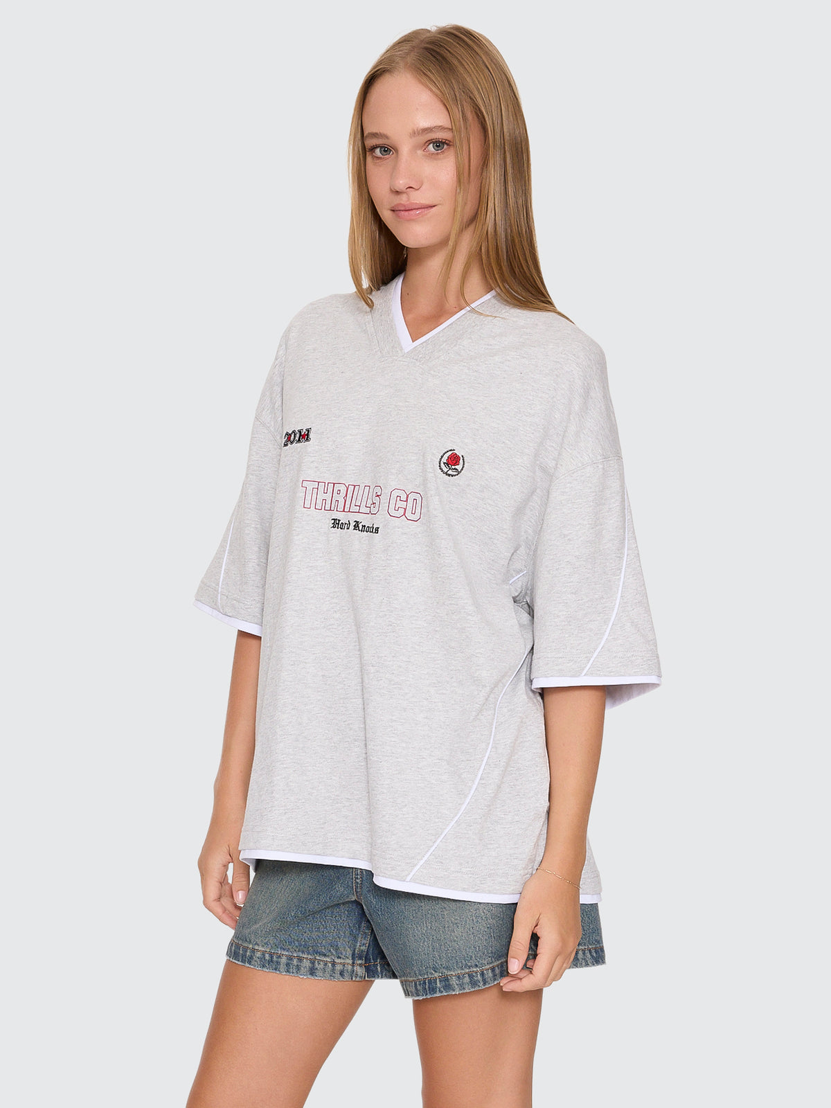 Thrills Co Tournament Of Roses V Neck Oversized Tee - Snow Marle in Snow Marle