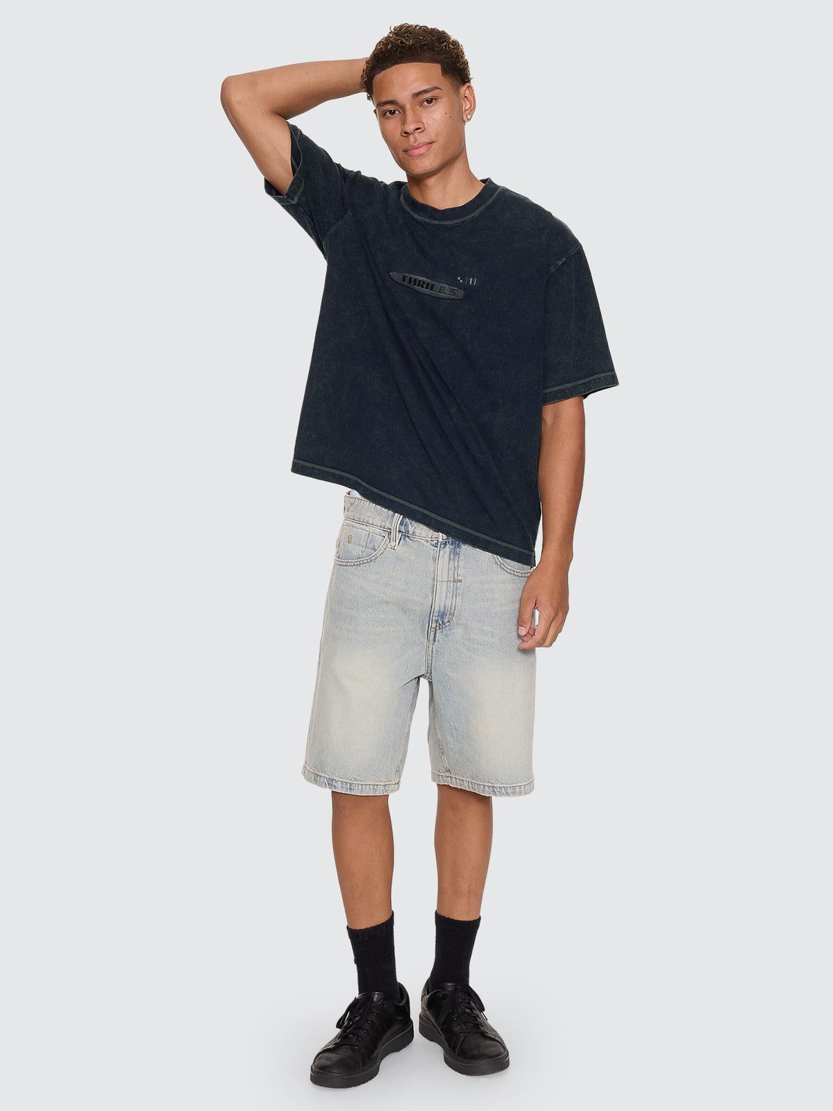 Thrills Co Filtered Embro Oversize Box Crop Tee - Overdye Petrol in Overdye Petrol