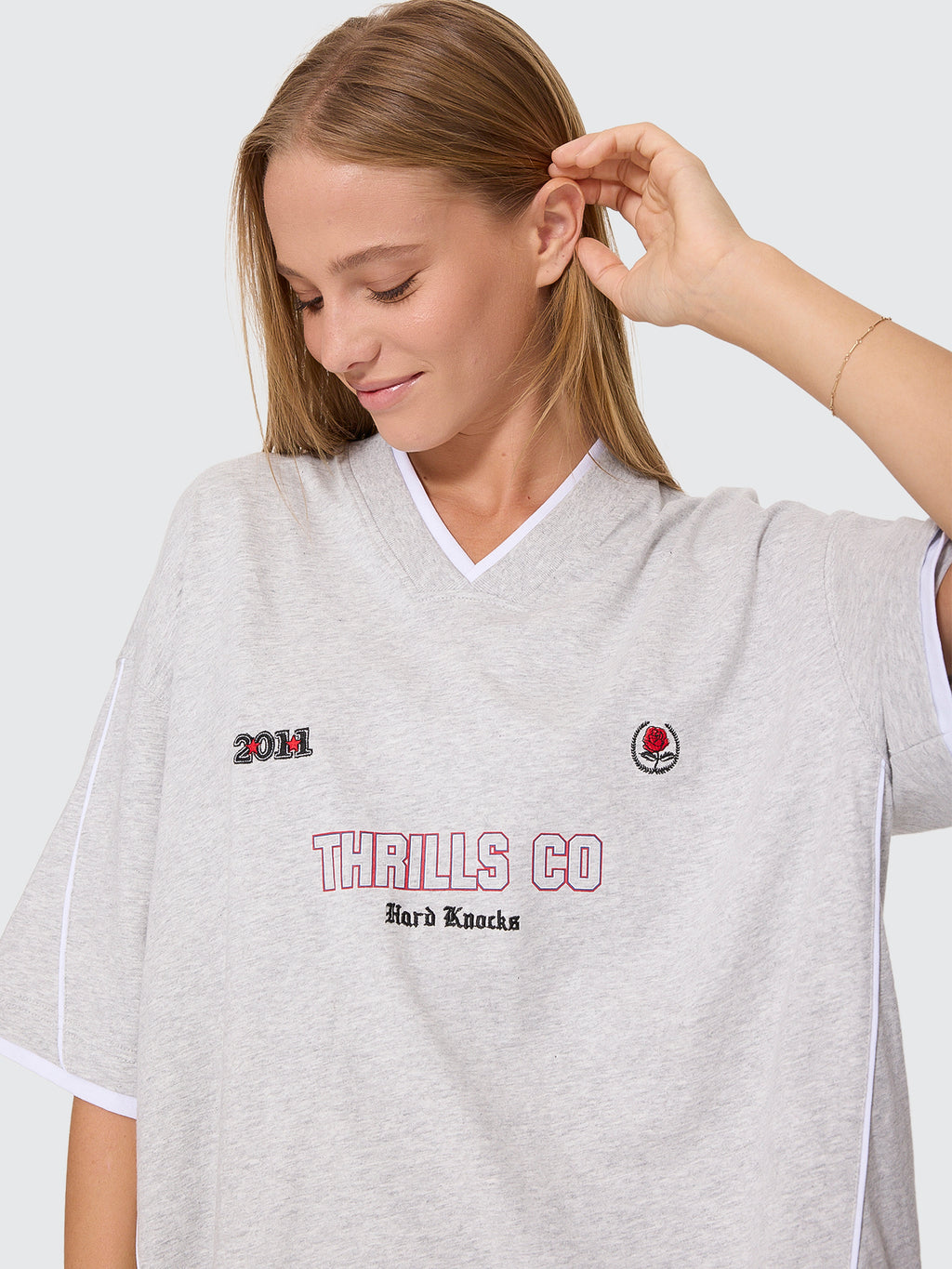 Thrills Co Tournament Of Roses V Neck Oversized Tee - Snow Marle in Snow Marle