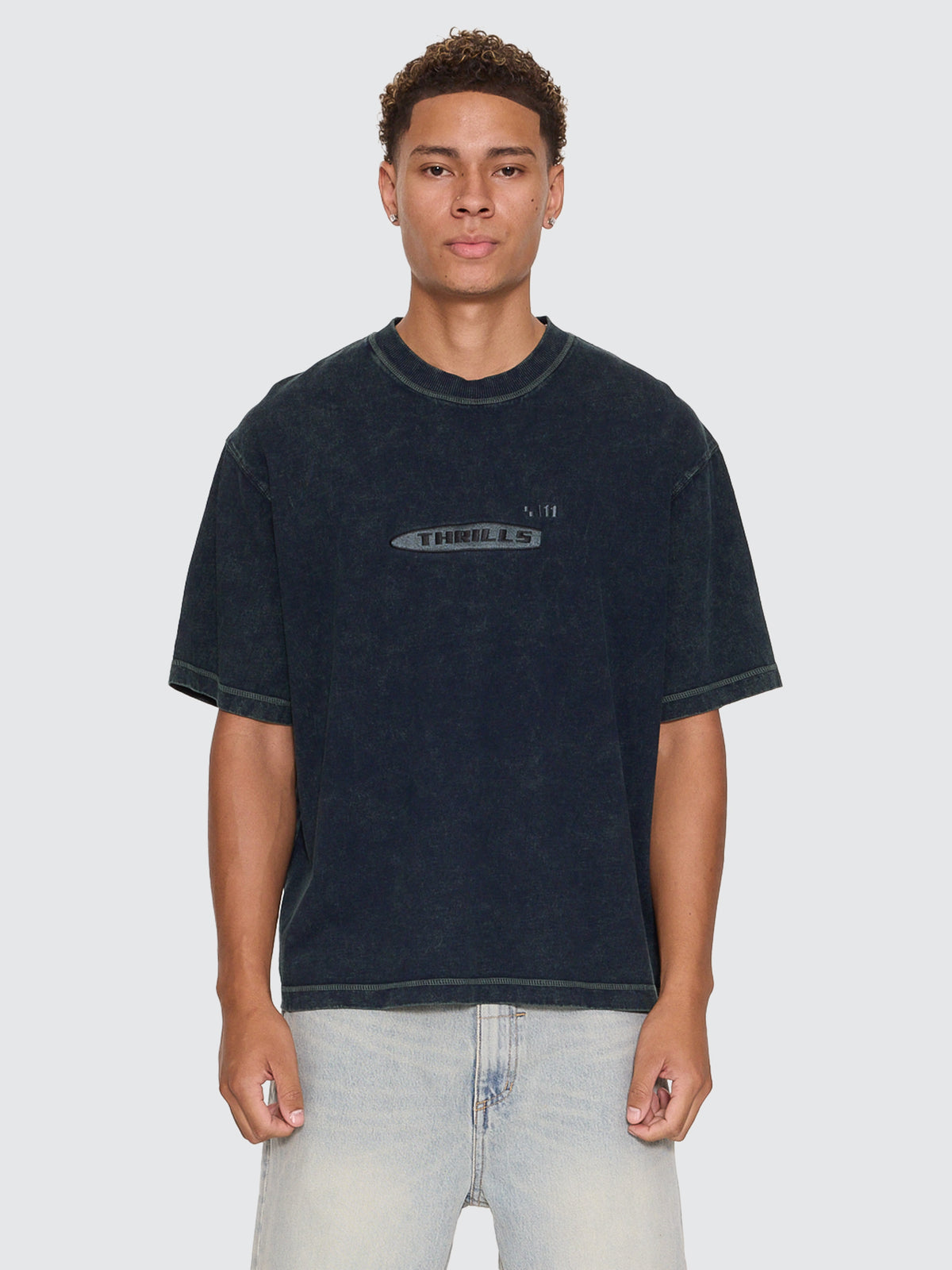 Thrills Co Filtered Embro Oversize Box Crop Tee - Overdye Petrol in Overdye Petrol