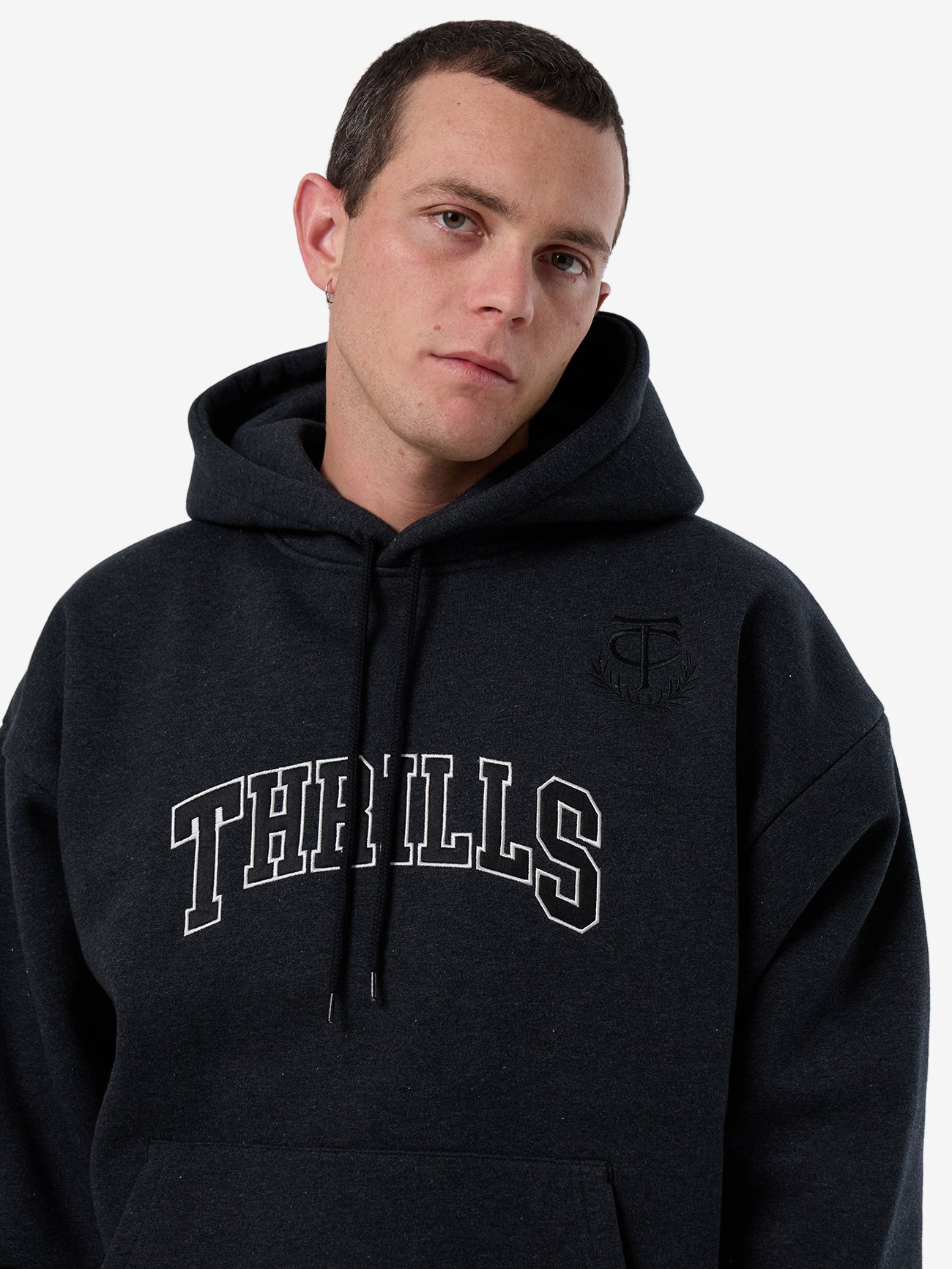 Thrills Legacy Slouch Pull On Hood - Black Marle in Black Marle