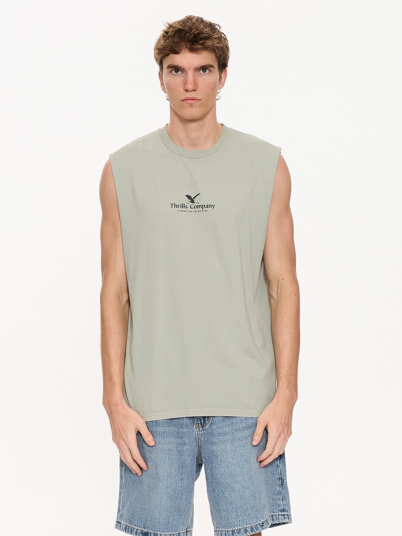 Thrills Co A Haven For The Restless Merch Fit Muscle Tee - Dirty Sage in Dirty Sage