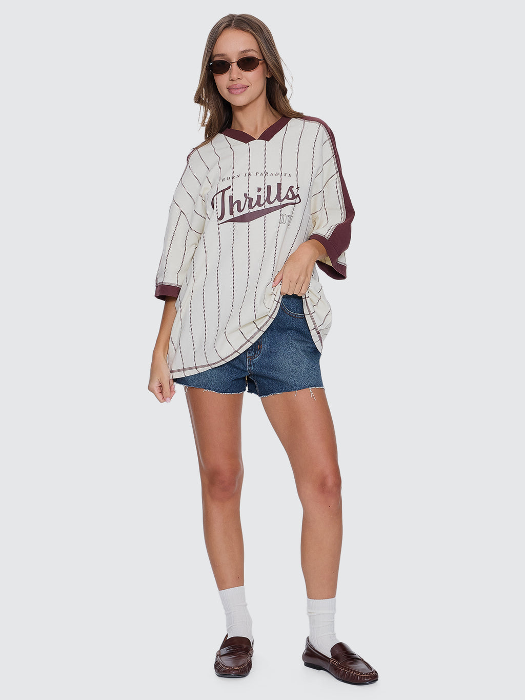 Thrills Co Baseline Stripe V-Neck Oversized Tee - Butter Cream in Butter Cream