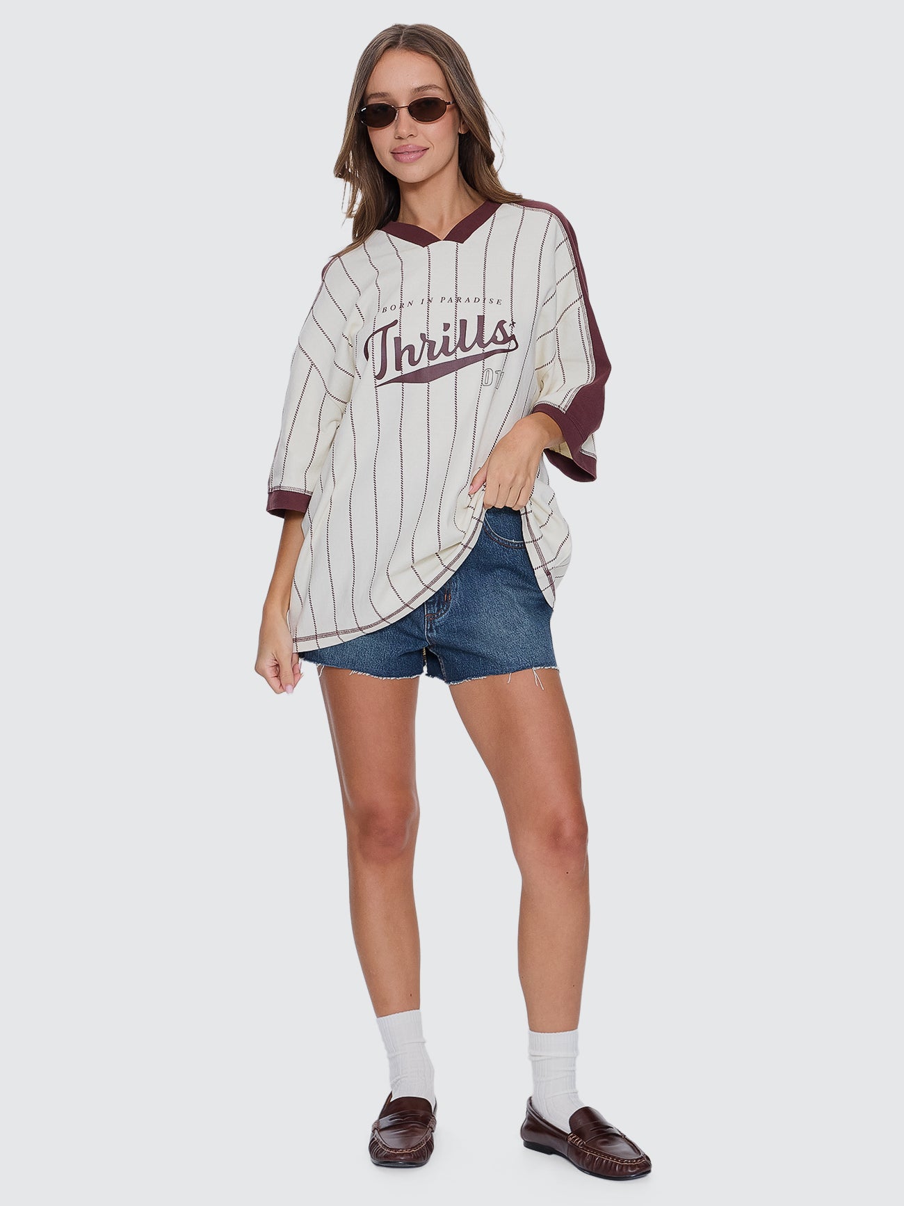 Thrills Co Baseline Stripe V-Neck Oversized Tee - Butter Cream in Butter Cream