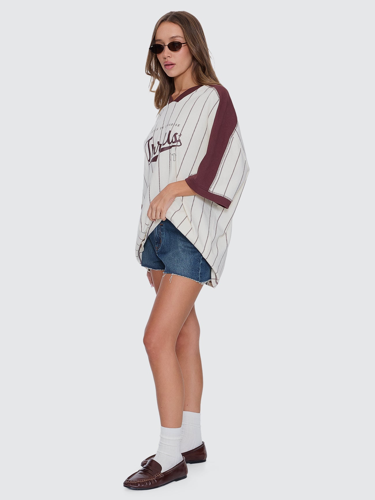 Thrills Co Baseline Stripe V-Neck Oversized Tee - Butter Cream in Butter Cream