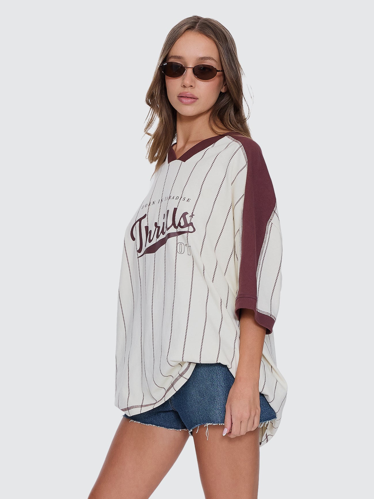 Thrills Co Baseline Stripe V-Neck Oversized Tee - Butter Cream in Butter Cream