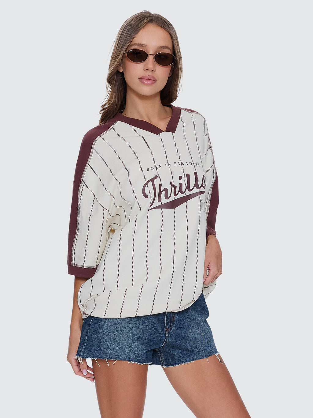 Thrills Co Baseline Stripe V-Neck Oversized Tee - Butter Cream in Butter Cream