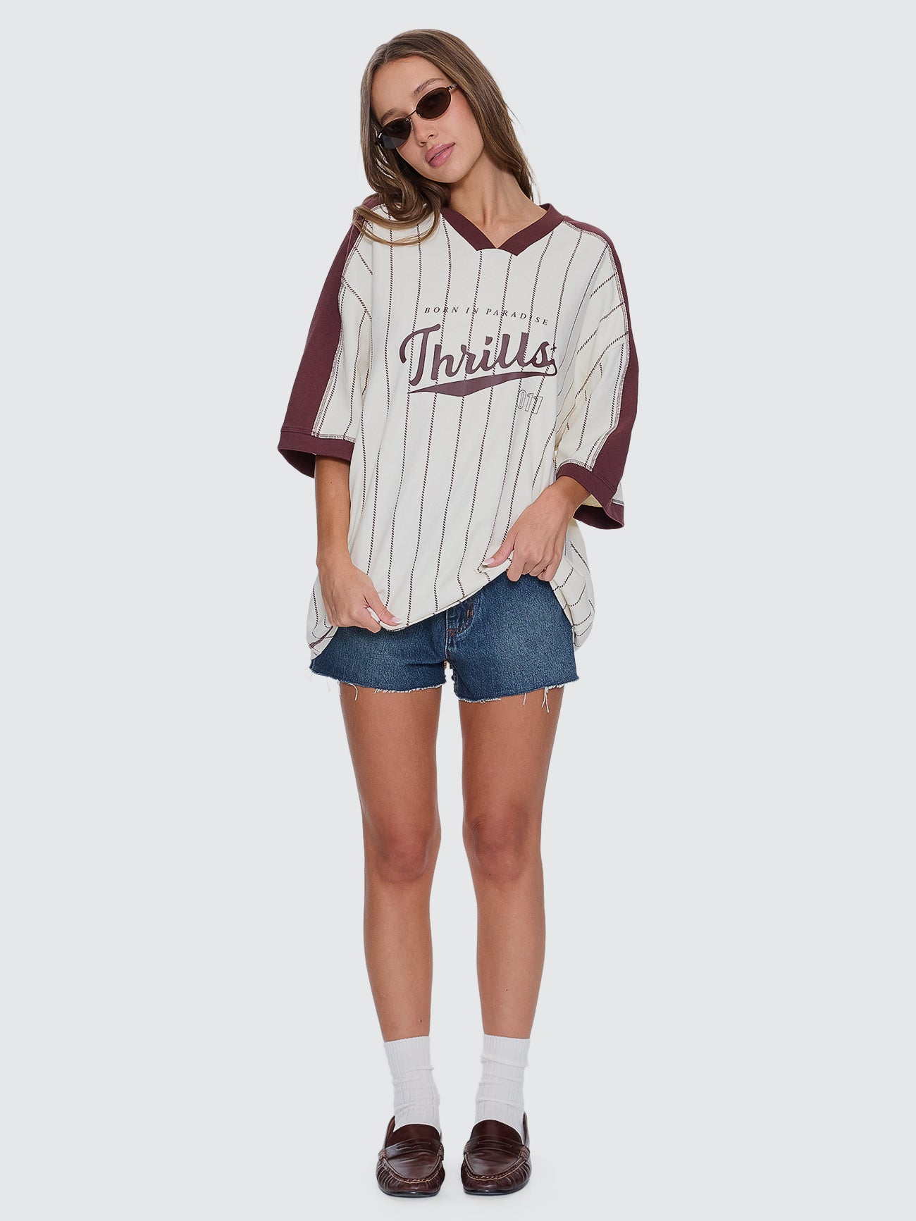Thrills Co Baseline Stripe V-Neck Oversized Tee - Butter Cream in Butter Cream