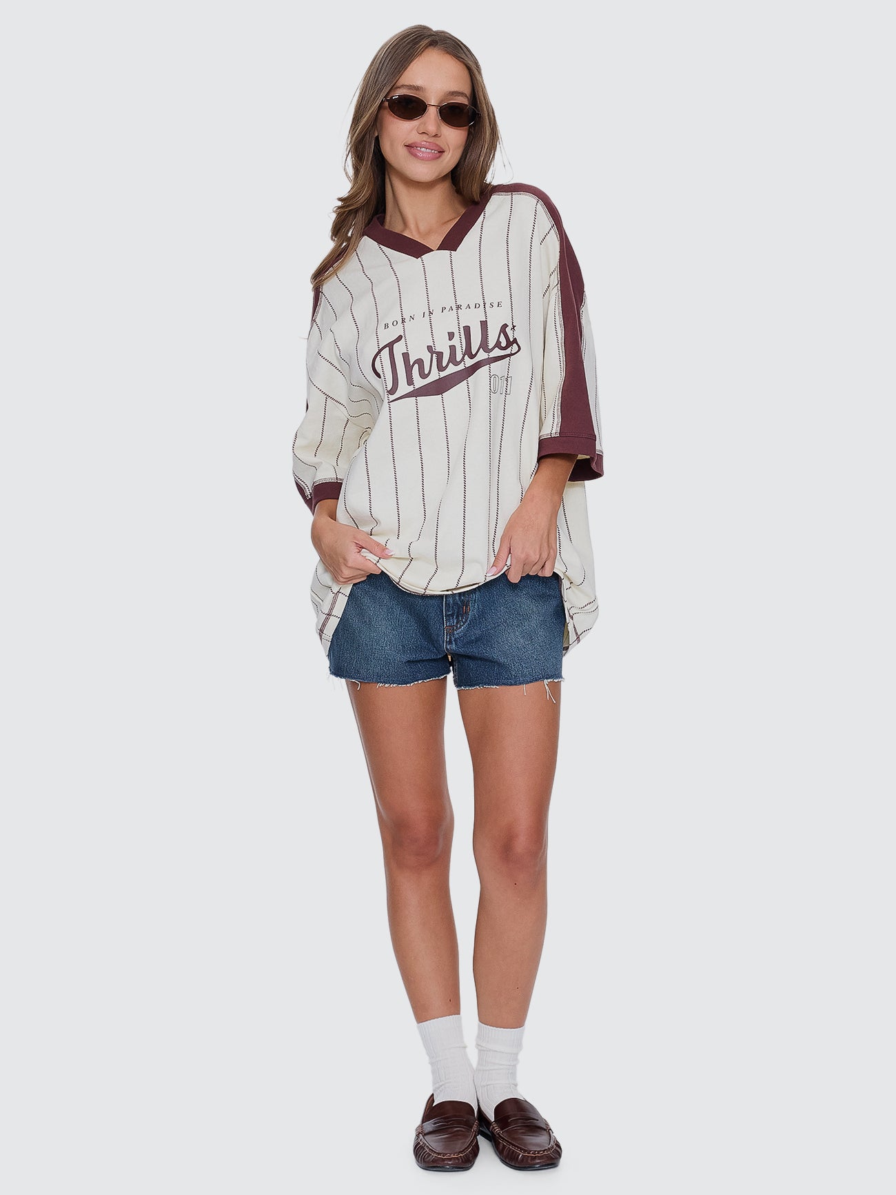 Thrills Co Baseline Stripe V-Neck Oversized Tee - Butter Cream in Butter Cream