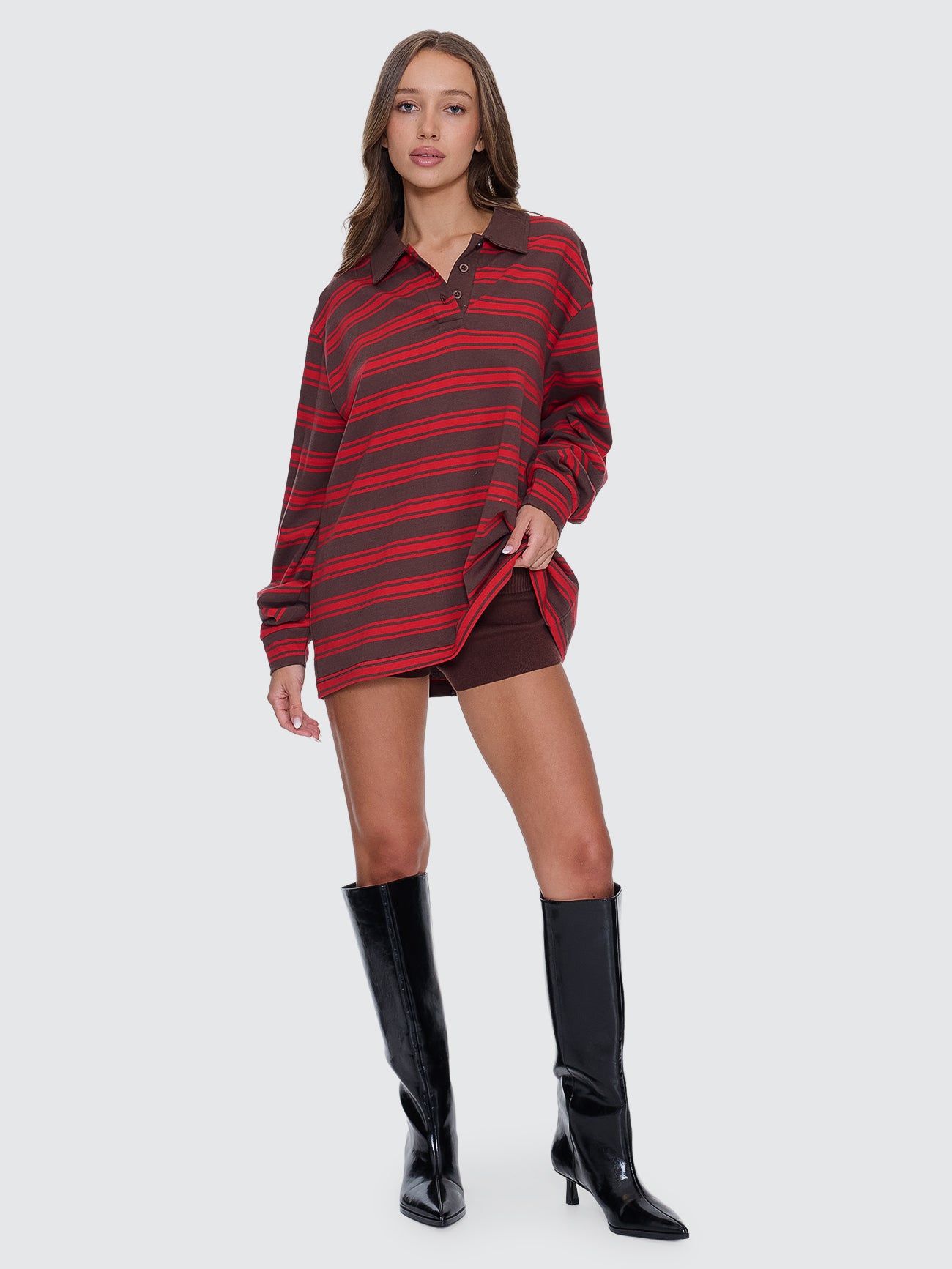 Thrills Co Conditions Apply Stripe Long Sleeve Polo - Bitter Chocolate in Bitter Chocolate