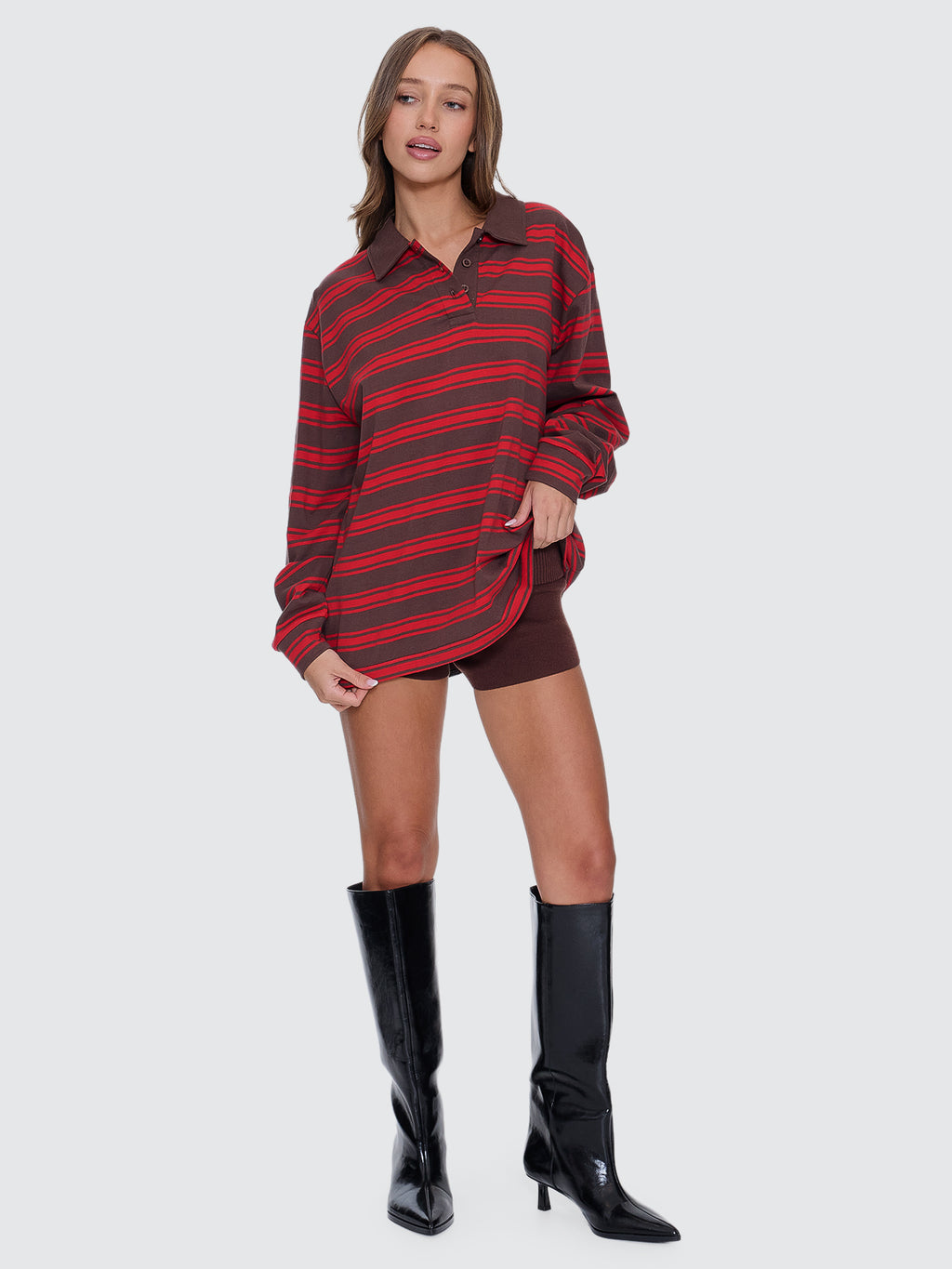Thrills Co Conditions Apply Stripe Long Sleeve Polo - Bitter Chocolate in Bitter Chocolate