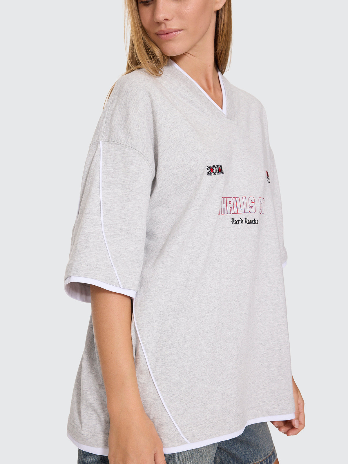 Thrills Co Tournament Of Roses V Neck Oversized Tee - Snow Marle in Snow Marle