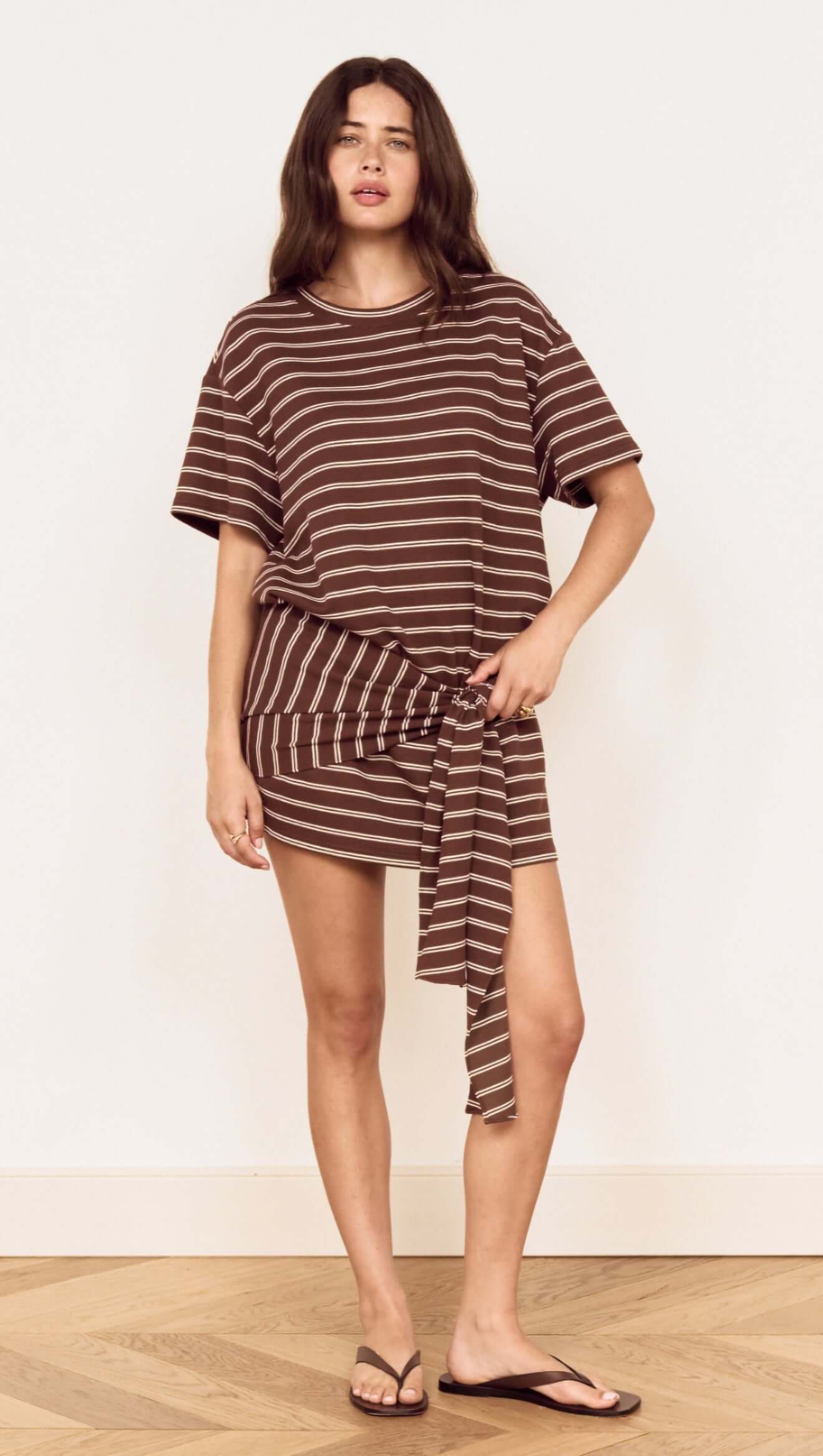 Minkpink Striped Tie Waist Jersey Mini Dress in Chocolate Stripe