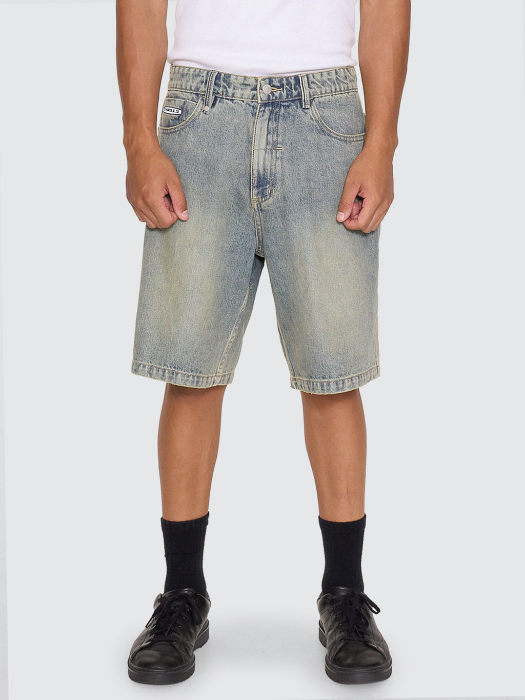 Thrills Co Filtered Mid Slacker Relaxed Long Denim Short - Granite Green Tint in Granite Green Tint