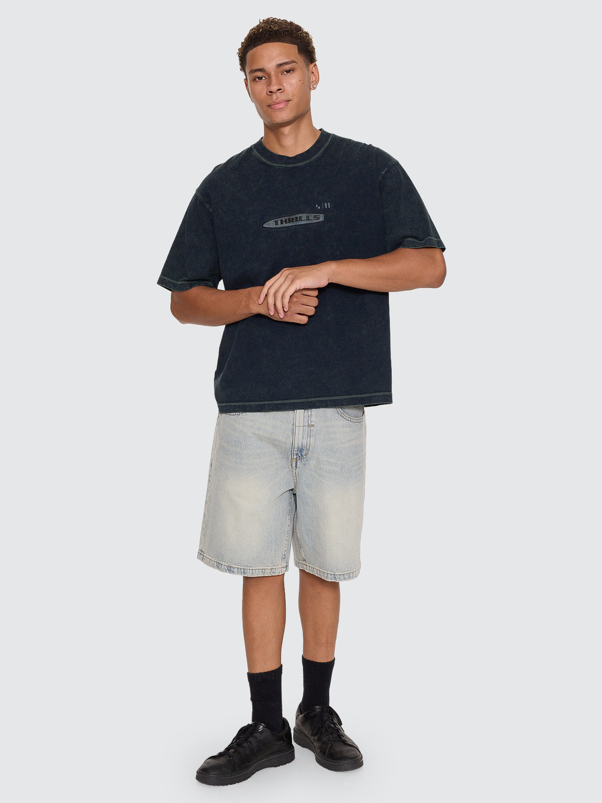 Thrills Co Filtered Embro Oversize Box Crop Tee - Overdye Petrol in Overdye Petrol