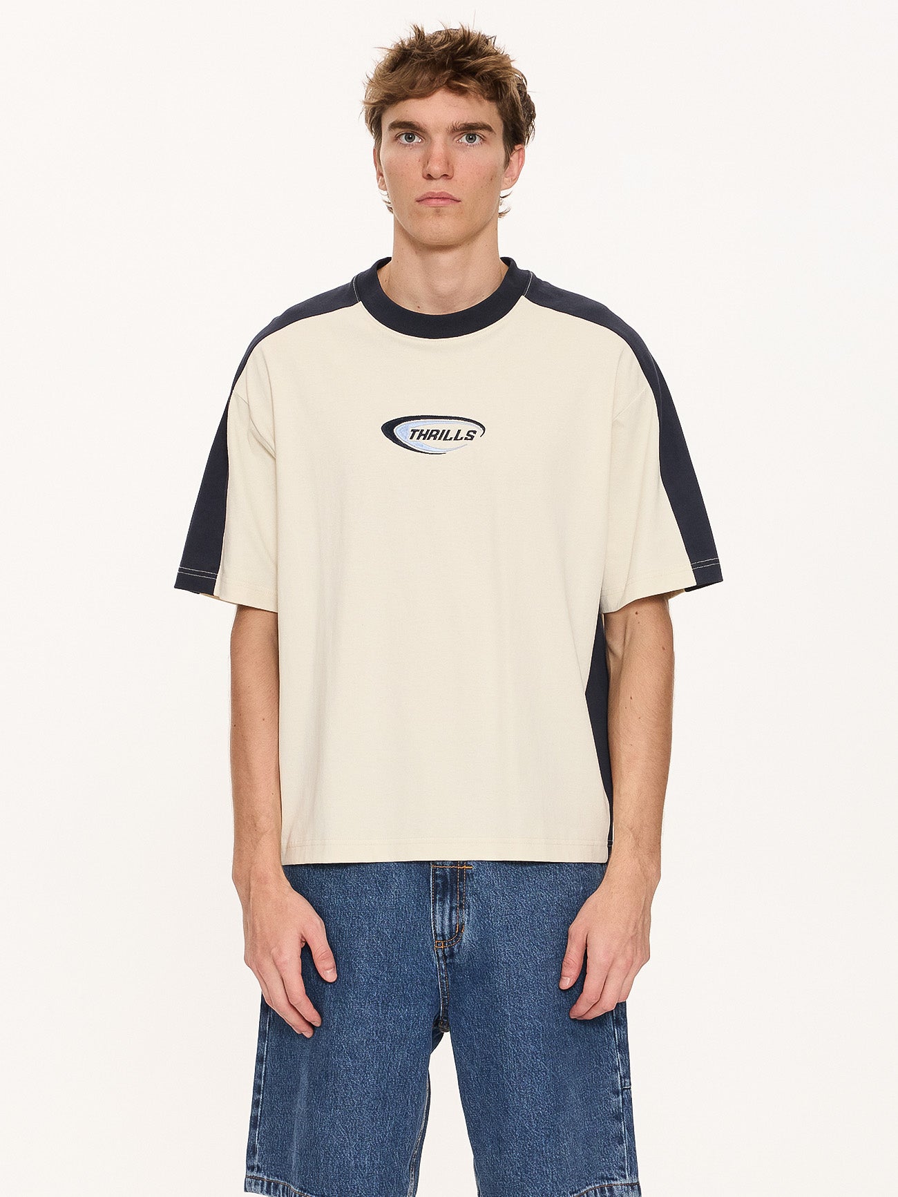 Thrills Co Fusion Panel Box Fit Oversize Cropped Tee - Heritage White in Heritage White