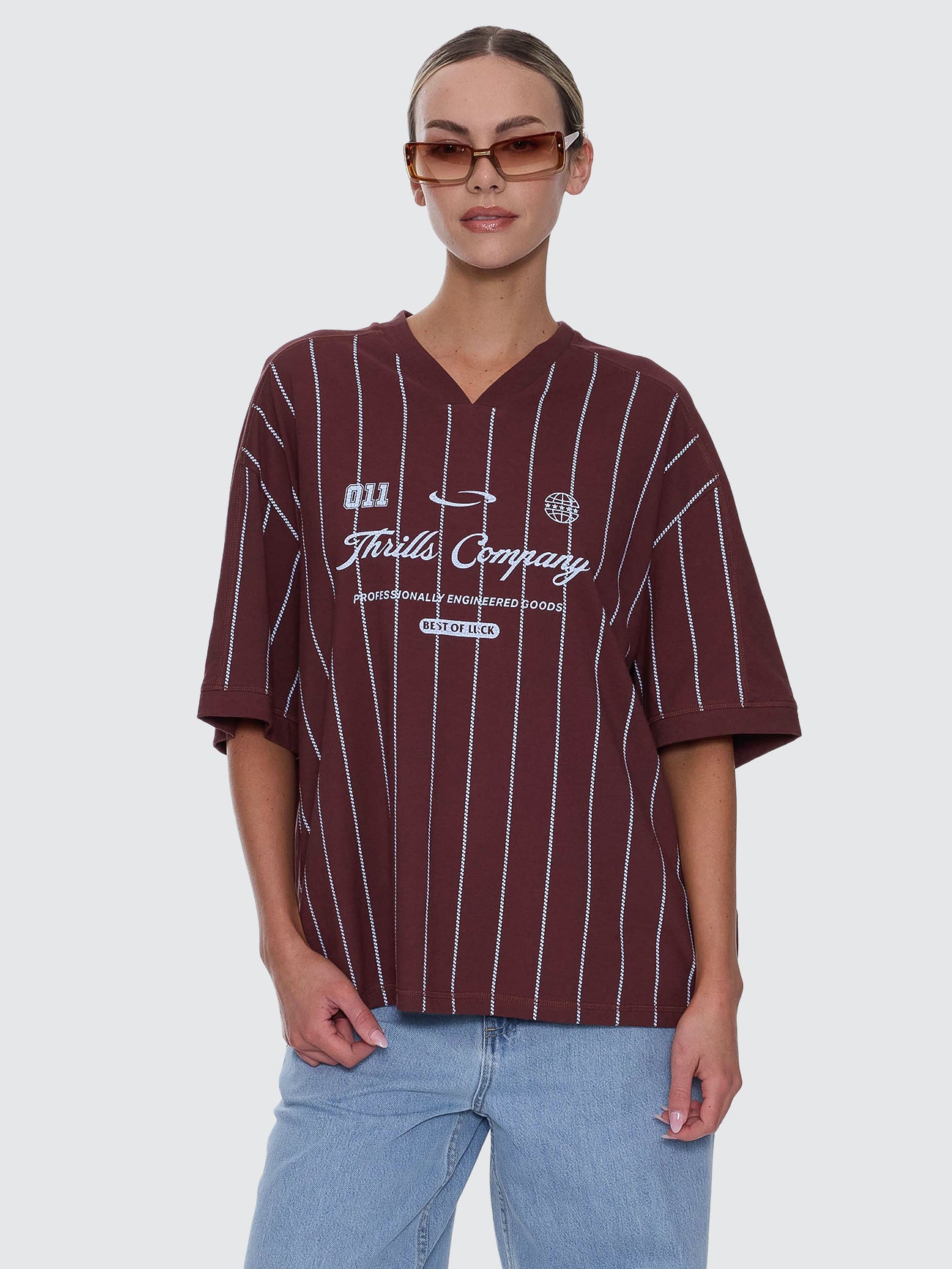 Thrills Co Game Day Stripe V-Neck Oversized Tee - Bitter Chocolate in Bitter Chocolate