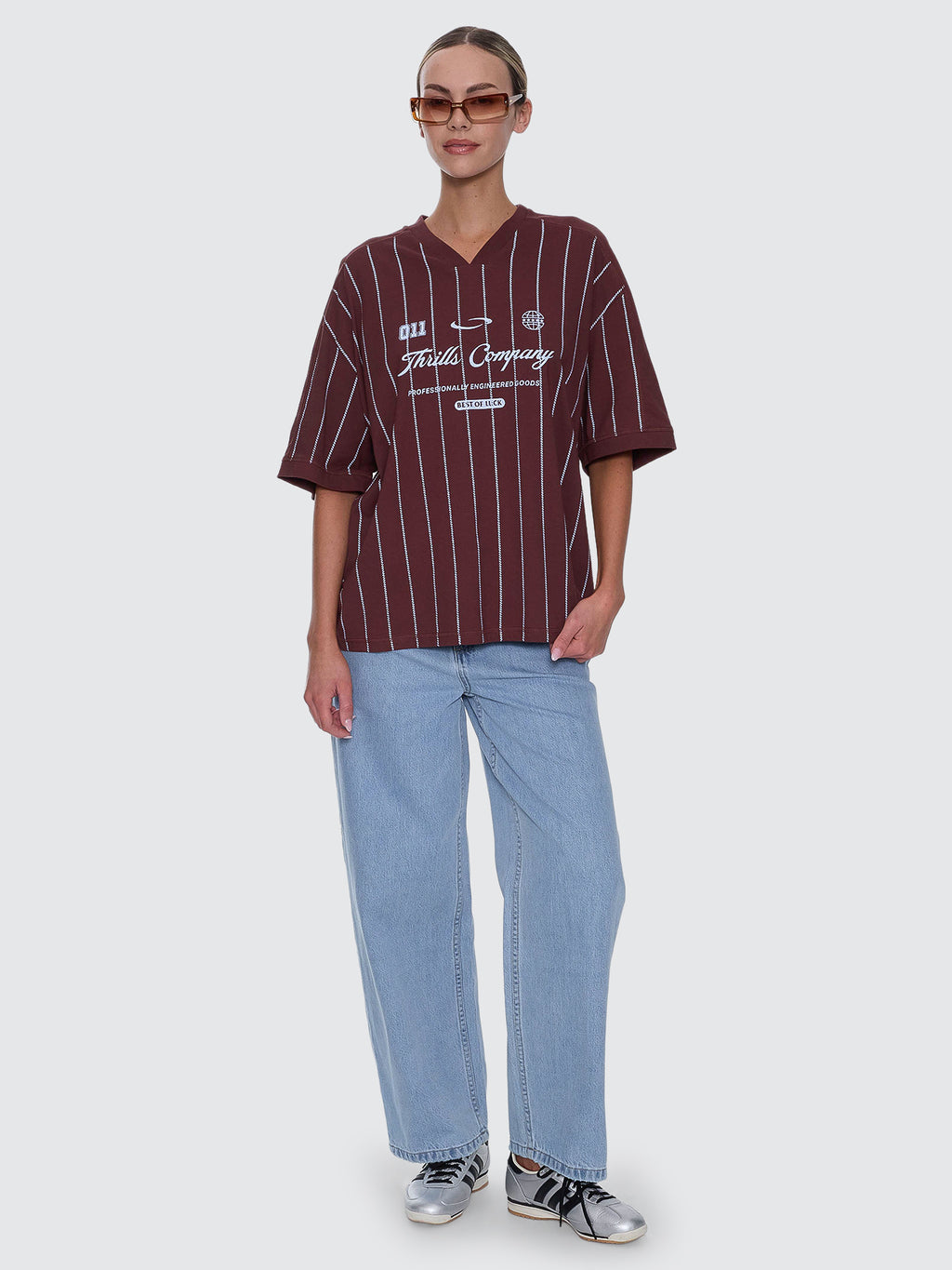 Thrills Co Game Day Stripe V-Neck Oversized Tee - Bitter Chocolate in Bitter Chocolate