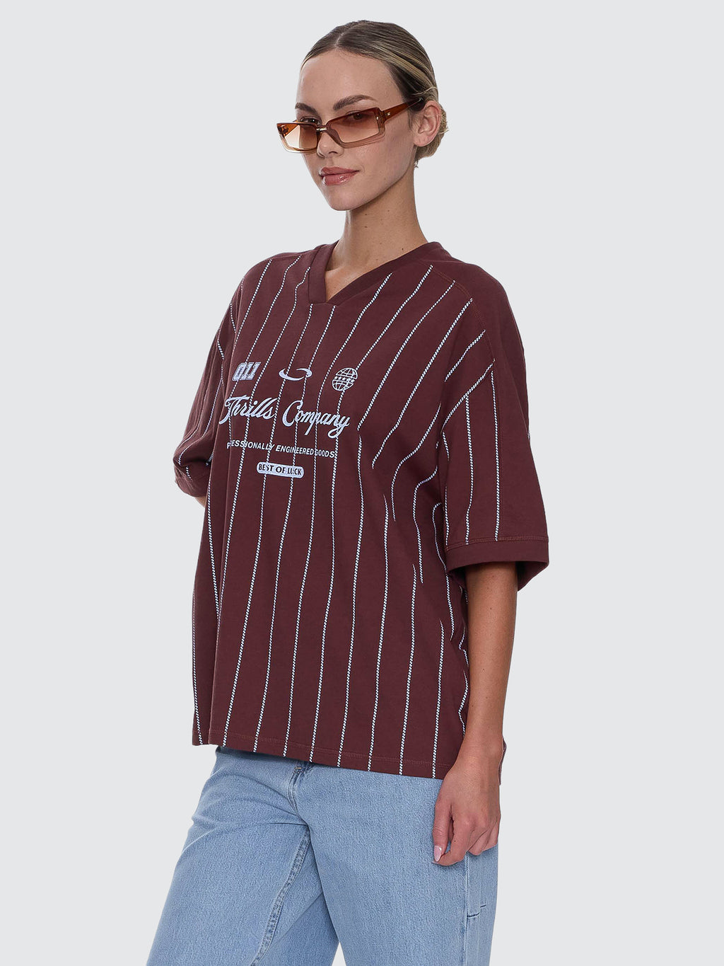 Thrills Co Game Day Stripe V-Neck Oversized Tee - Bitter Chocolate in Bitter Chocolate