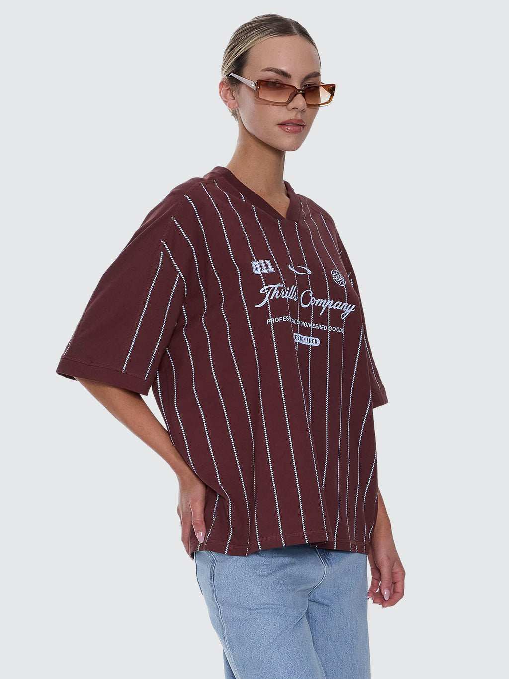 Thrills Co Game Day Stripe V-Neck Oversized Tee - Bitter Chocolate in Bitter Chocolate