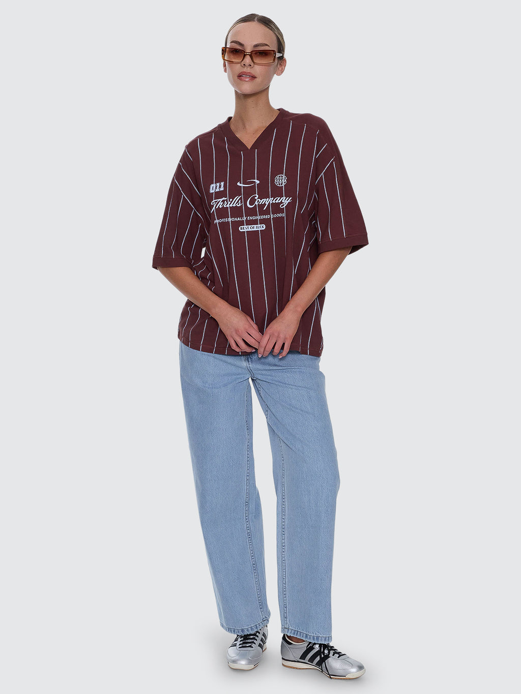 Thrills Co Game Day Stripe V-Neck Oversized Tee - Bitter Chocolate in Bitter Chocolate