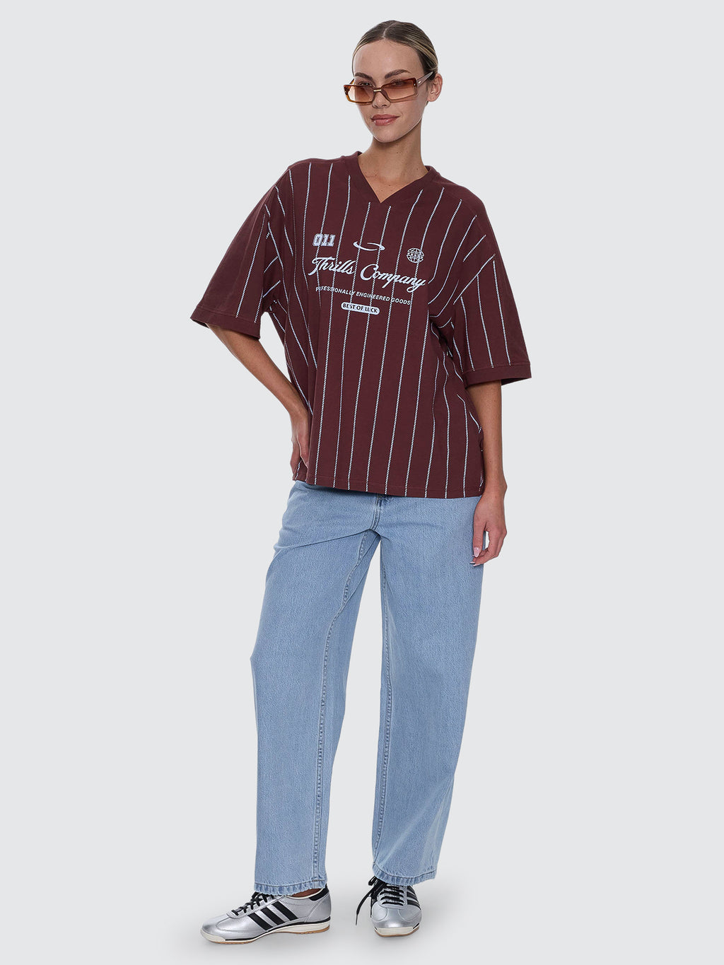Thrills Co Game Day Stripe V-Neck Oversized Tee - Bitter Chocolate in Bitter Chocolate