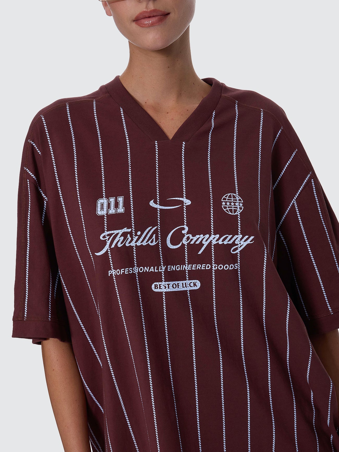 Thrills Co Game Day Stripe V-Neck Oversized Tee - Bitter Chocolate in Bitter Chocolate