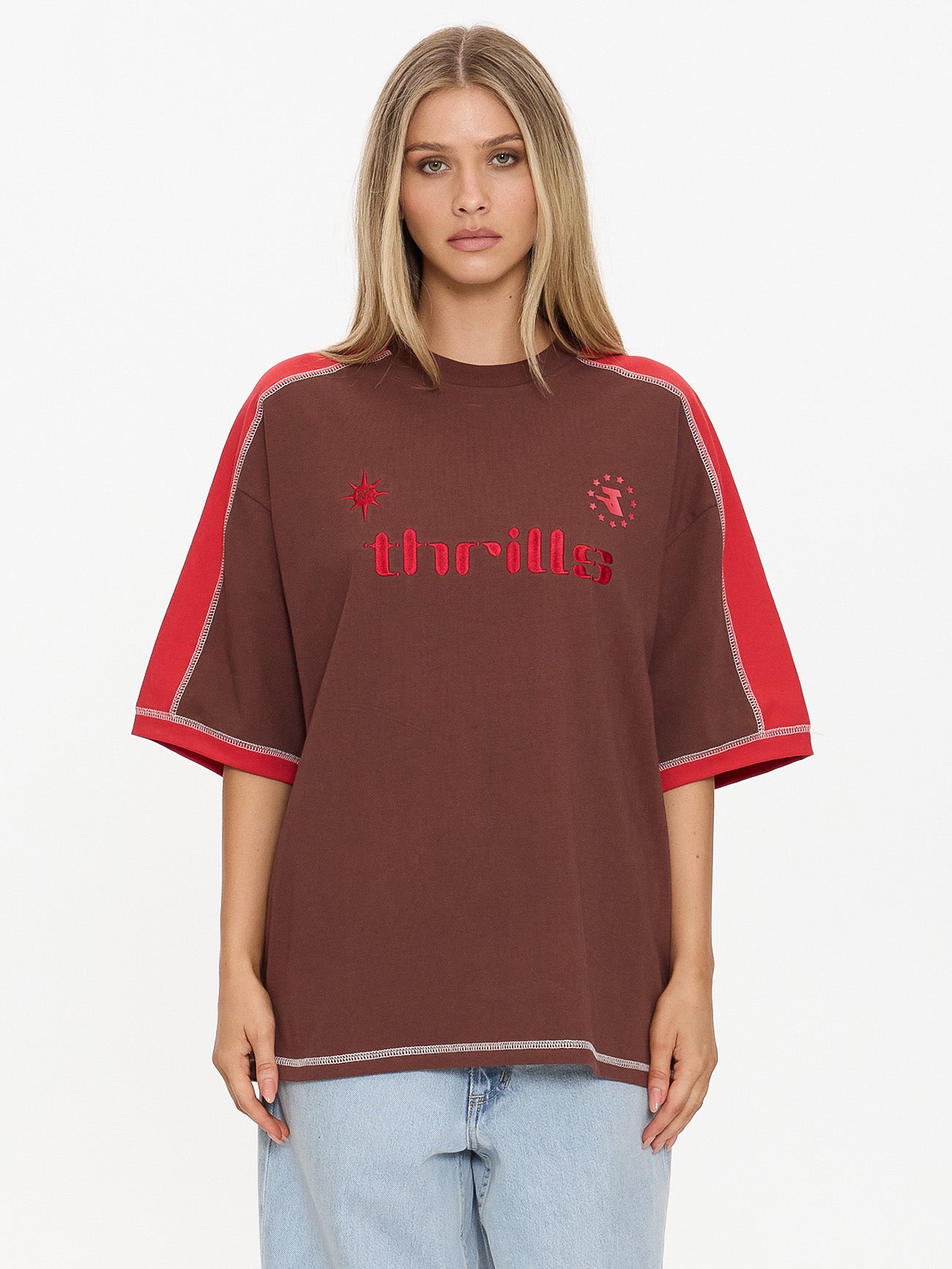 Thrills Co Hot Shot Panelled Oversized Tee - Acorn in Acorn