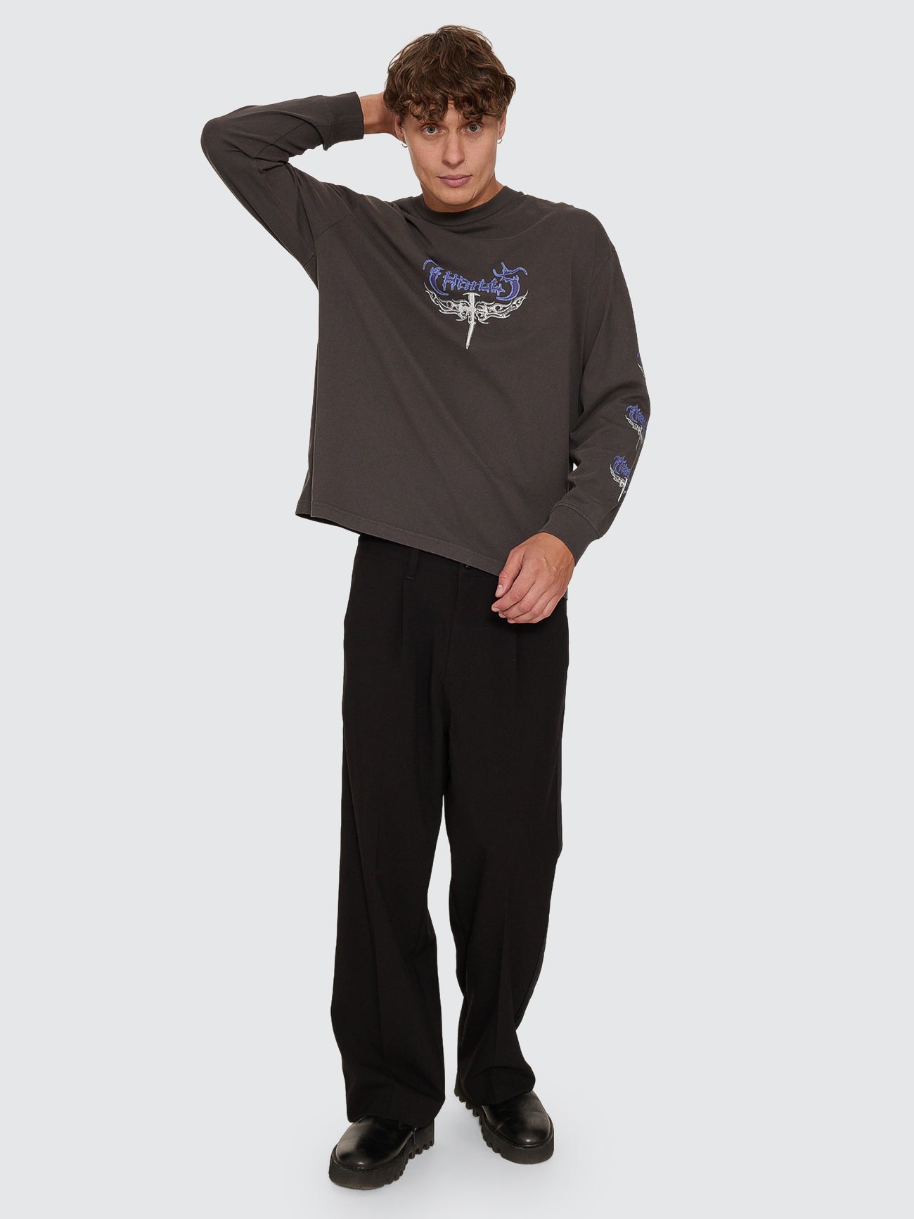 Thrills Co Into The Void Oversize Box Crop Long Sleeve Tee - Dark Merch Black in Dark Merch Black