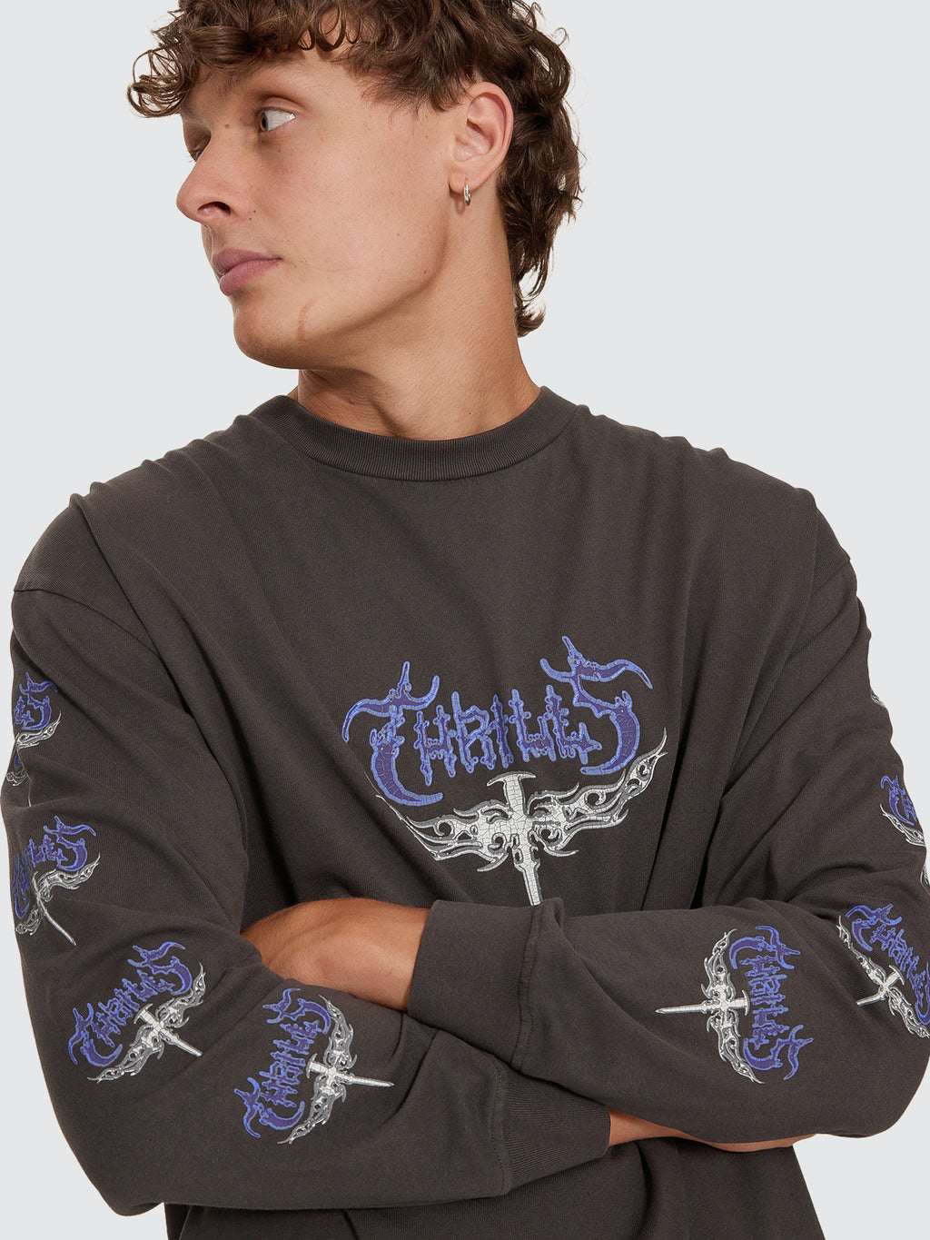 Thrills Co Into The Void Oversize Box Crop Long Sleeve Tee - Dark Merch Black in Dark Merch Black