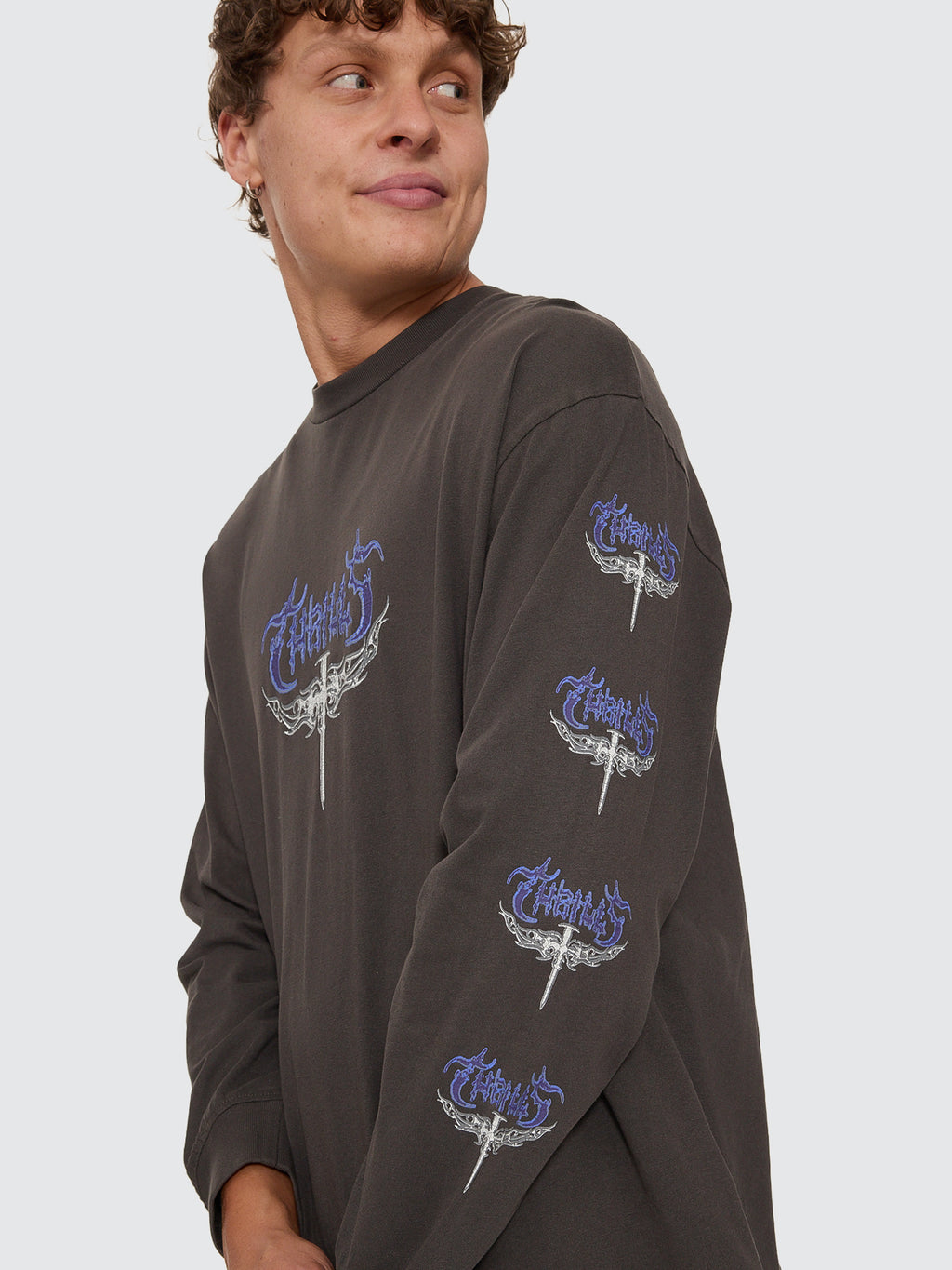 Thrills Co Into The Void Oversize Box Crop Long Sleeve Tee - Dark Merch Black in Dark Merch Black