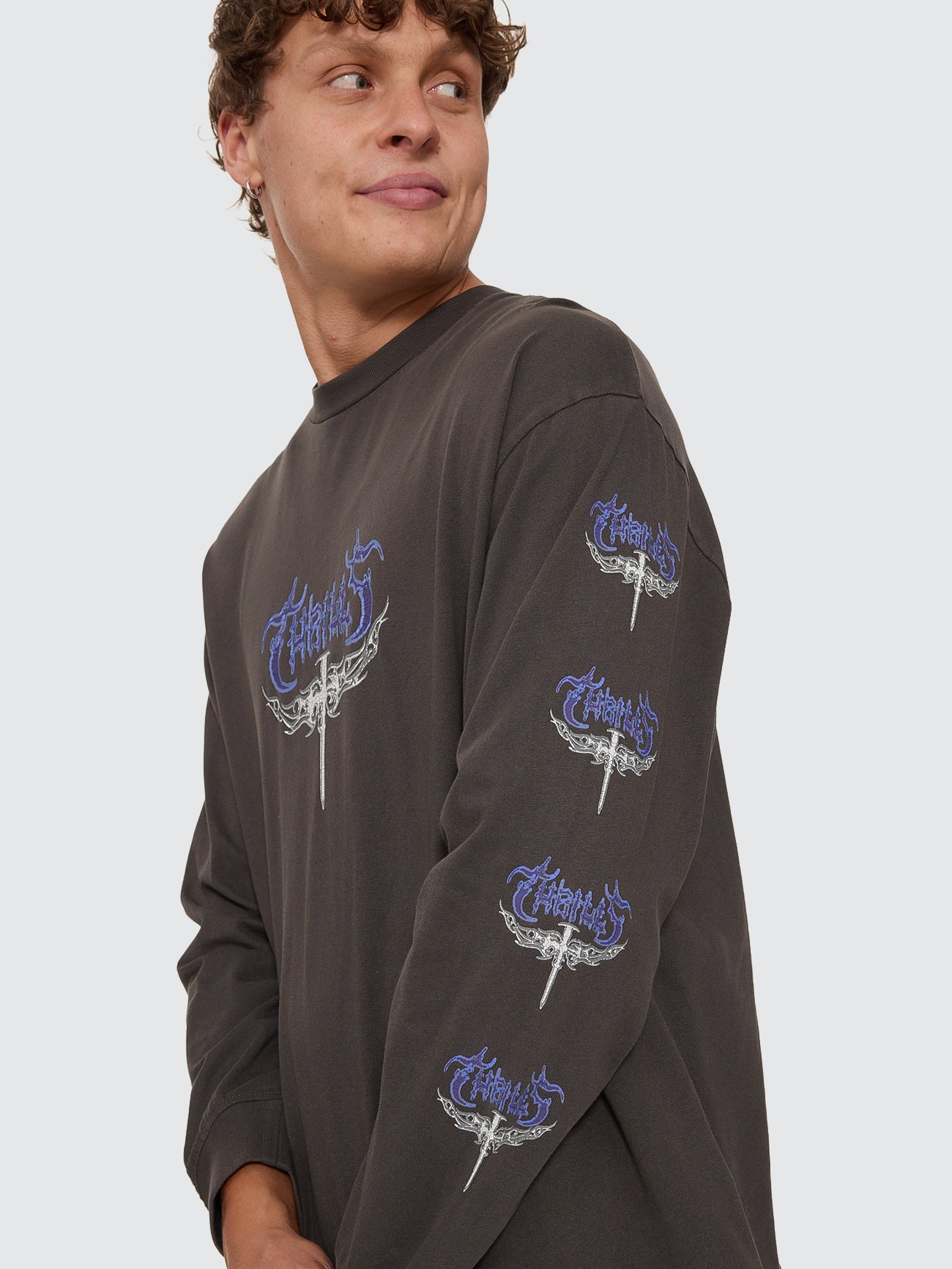 Thrills Co Into The Void Oversize Box Crop Long Sleeve Tee - Dark Merch Black in Dark Merch Black