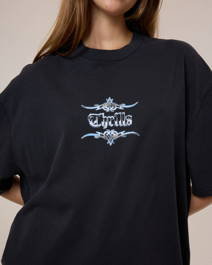 Thrills Metal And Mayhem Oversized Tee - Washed Black in Washed Black