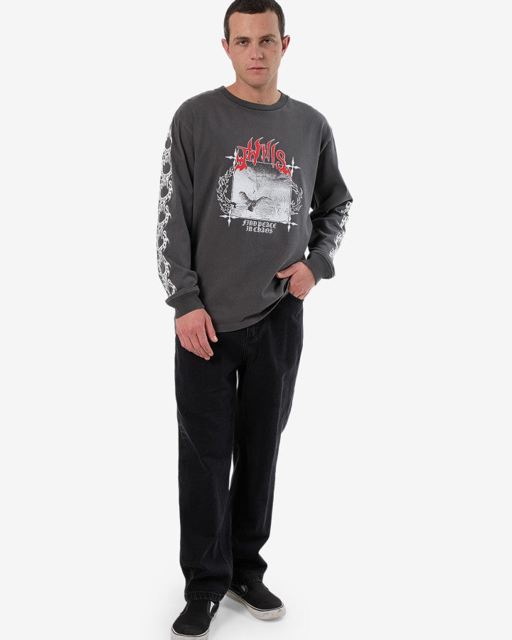 Thrills Peaceful Chaos Oversize Fit Long Sleeve Tee - Merch Black in Merch Black