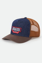 Brixton Reeves Netplus Trucker Hat in WASHED DENIM/CARAMEL