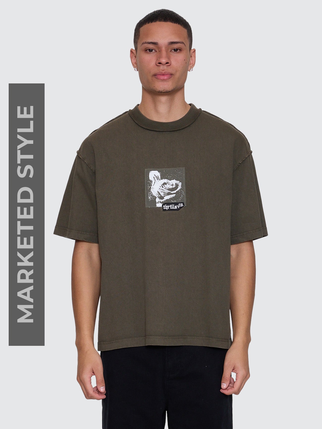 Thrills Co Rose Brigade Box Fit Oversize Cropped Tee - Olive Night in Olive Night